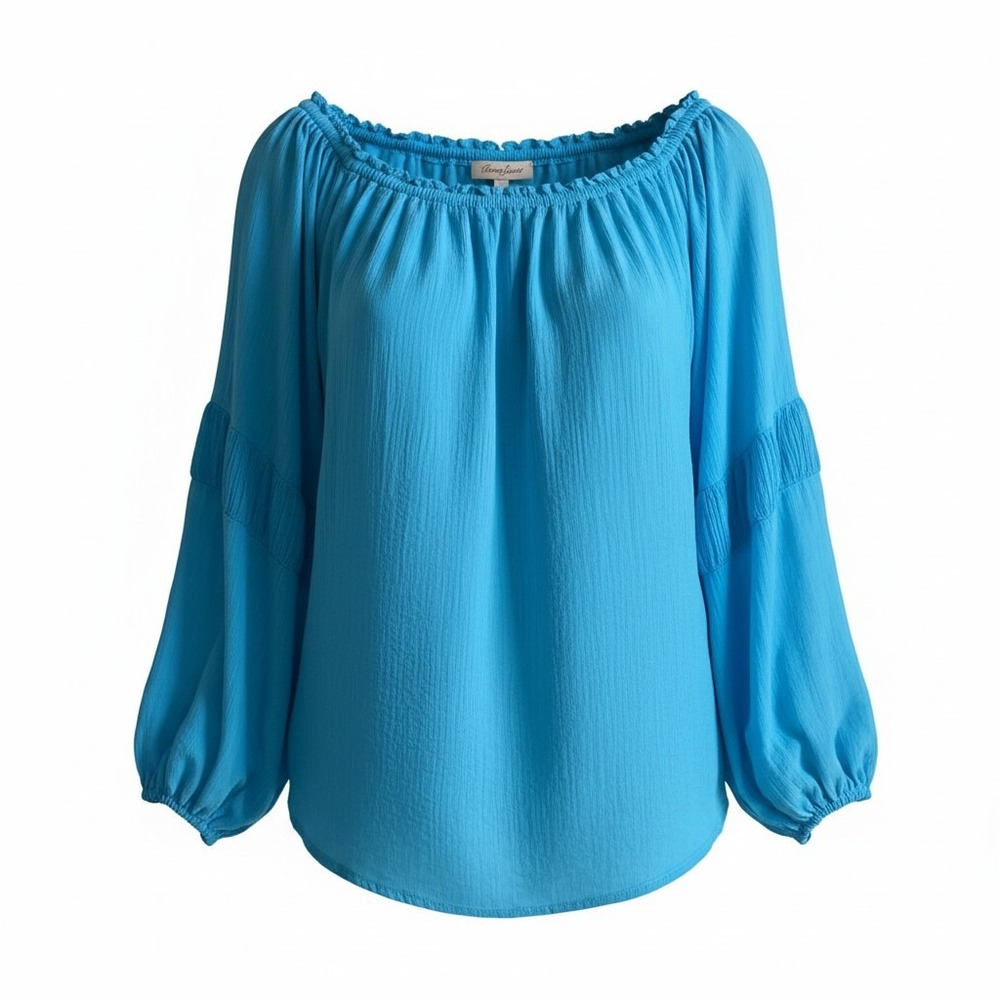 Free People Blue Peasant Top Off Shoulder Tiered Ruffle Gauze Blouse Large